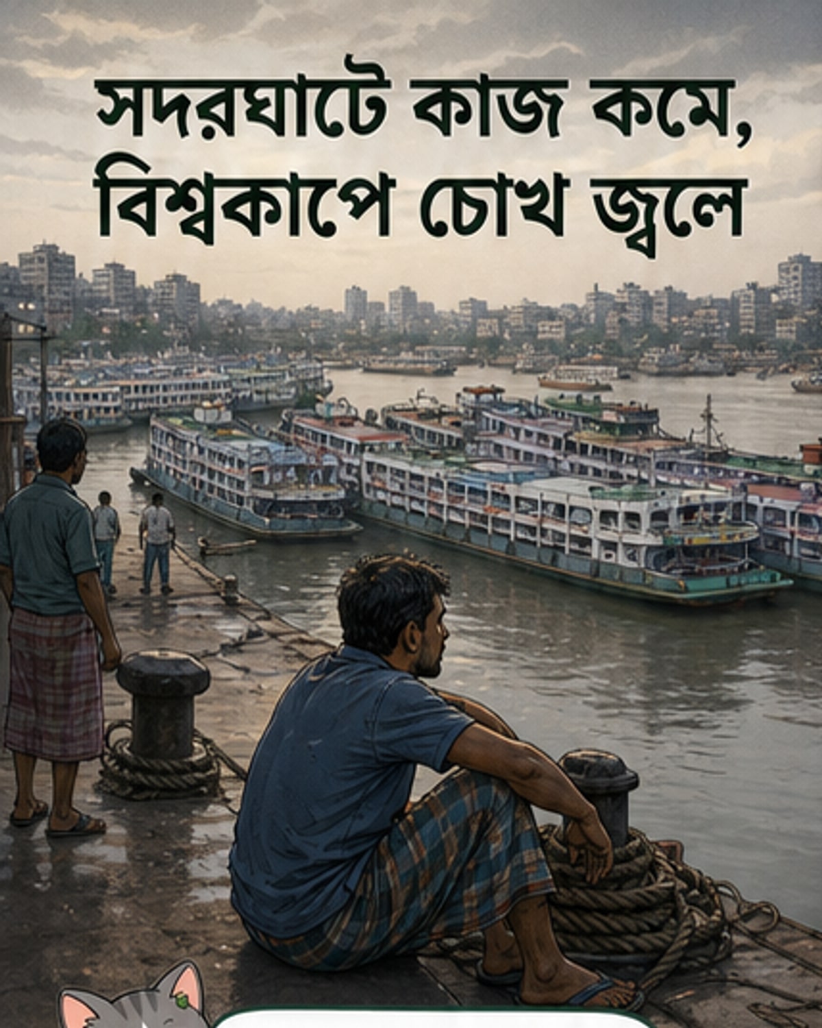 সদরঘাটের লঞ্চ ঘাটে বসে টেলিভিশনে ফুটবল ম্যাচ দেখছেন কয়েকজন শ্রমিক, পটভূমিতে নদী ও লঞ্চ।