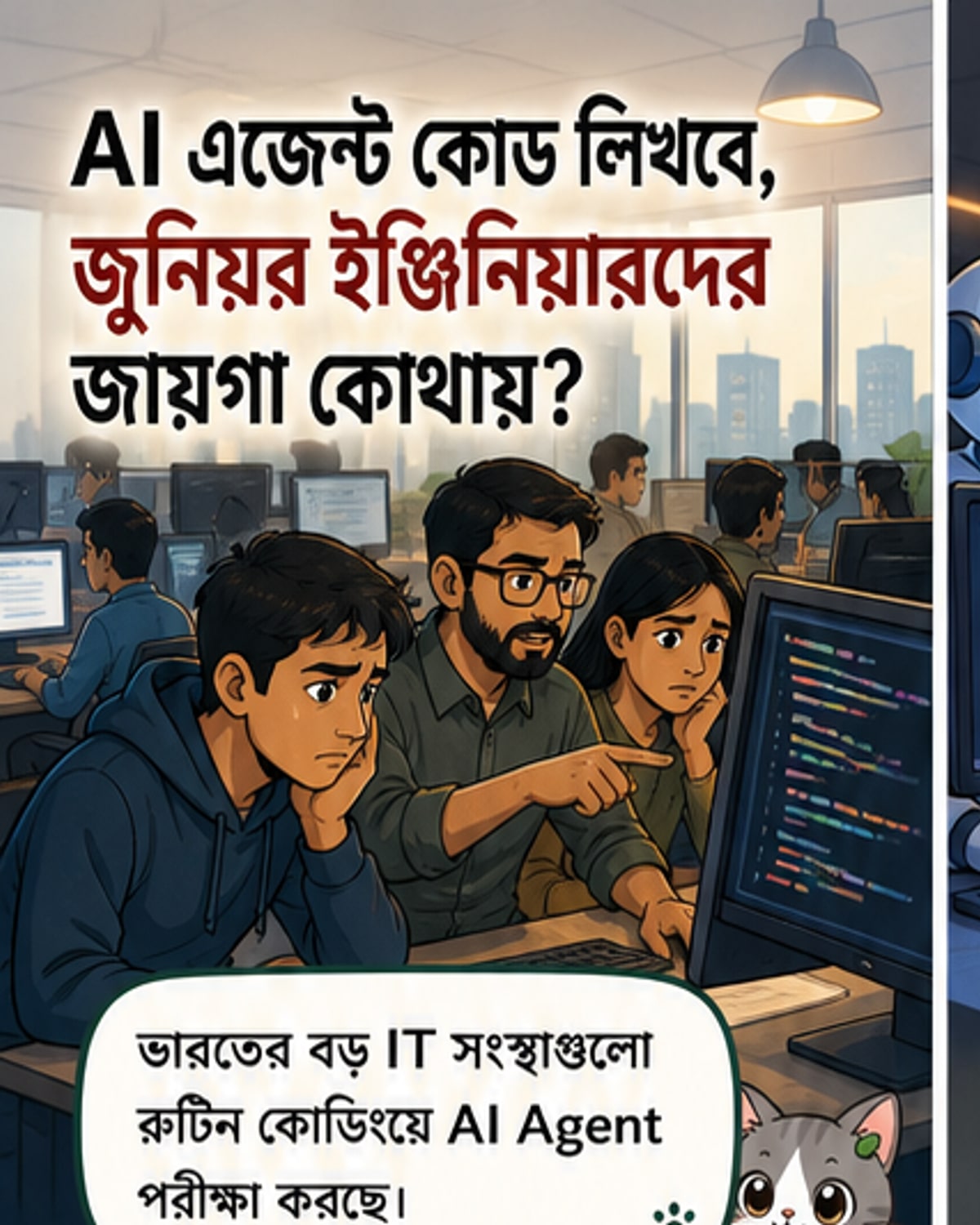 একটি কম্পিউটার স্ক্রিনে AI এজেন্ট কোড লিখছে, পাশে একজন মানুষ প্রম্পট দিচ্ছেন।