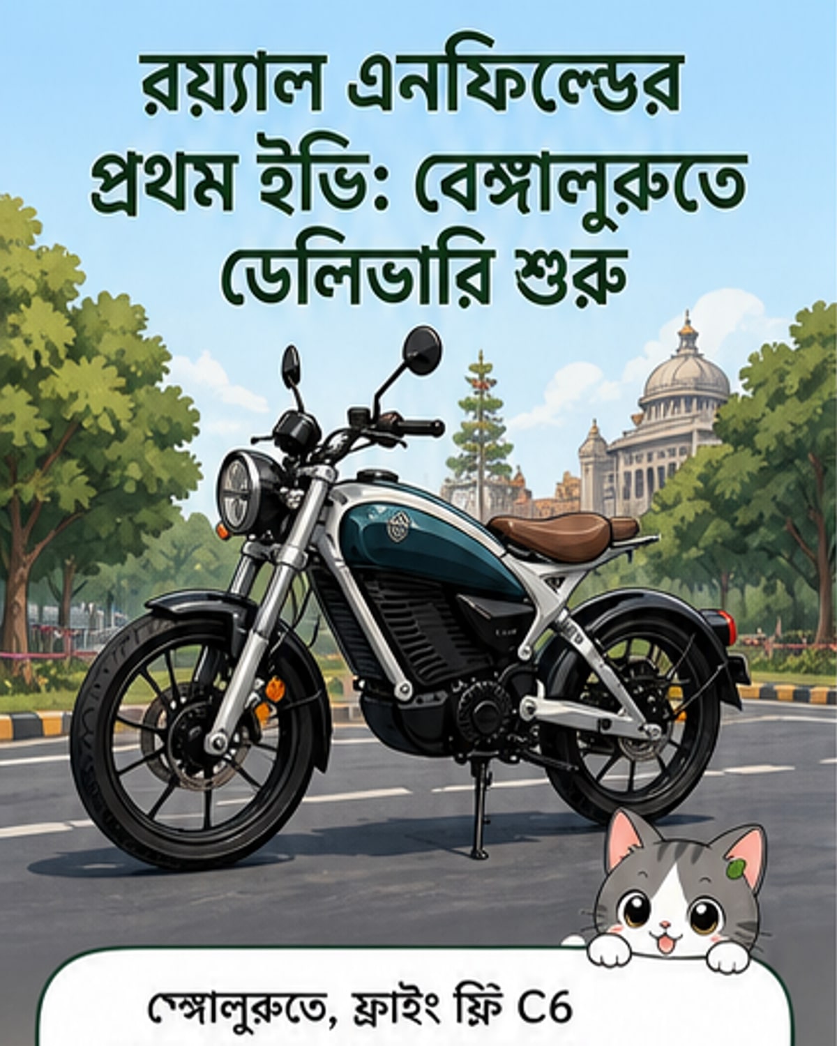 রয়্যাল এনফিল্ডের নতুন ইলেকট্রিক মোটরসাইকেল ফ্লাইং ফ্লি সি৬ রাস্তায় চলছে, পেছনে শহরের দৃশ্য।