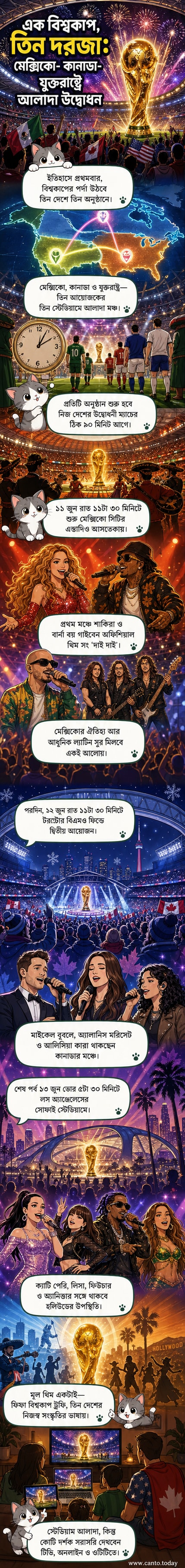 তিনটি ভিন্ন স্টেডিয়ামে ফুটবল ট্রফি ও স্থানীয় সংস্কৃতির মিশেলে সাজানো বিশ্বকাপের উদ্বোধনী অনুষ্ঠানের কল্পনা।