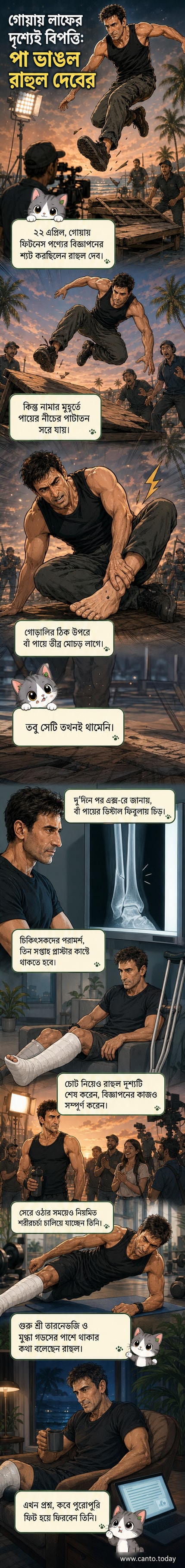 গোয়ায় ফিটনেস বিজ্ঞাপন শ্যুটিংয়ের সময় অ্যাকশন দৃশ্যে লাফ দেওয়ার পর মাটিতে পড়ে যাচ্ছেন অভিনেতা রাহুল দেব, পেছনে ক্যামেরা ক্রু এবং সেট দেখা যাচ্ছে।