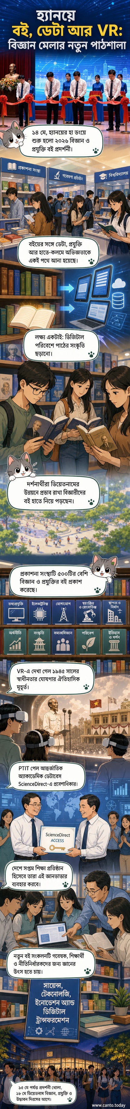 হানোইতে অনুষ্ঠিত বিজ্ঞান ও প্রযুক্তি বই প্রদর্শনীর একটি দৃশ্য, যেখানে দর্শকরা মুদ্রিত বই এবং ডিজিটাল প্রদর্শনী দেখছেন।