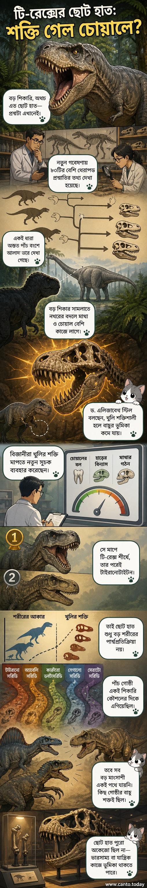টাইরানোসরাস রেক্সের প্রতীকী চিত্র, বিশাল মাথা ও ছোট বাহু সহ, প্রাকৃতিক পরিবেশে হাঁটছে।