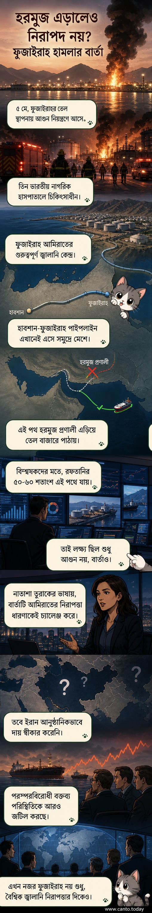 ফুজাইরাহ তেল স্থাপনায় আগুনের ঘটনার পর ধোঁয়া উঠছে, পটভূমিতে তেল ট্যাঙ্কার ও নিরাপত্তা বাহিনী।