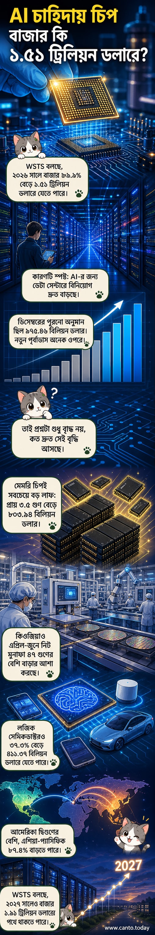 বৈশ্বিক চিপ বাজারের রেকর্ড প্রবৃদ্ধির প্রেক্ষাপটে একটি স্টাইলাইজড চিপ ও ডেটা ফ্লো চিত্র, যেখানে ১.৫ ট্রিলিয়ন ডলার লক্ষ্যমাত্রা উল্লেখ করা হয়েছে।