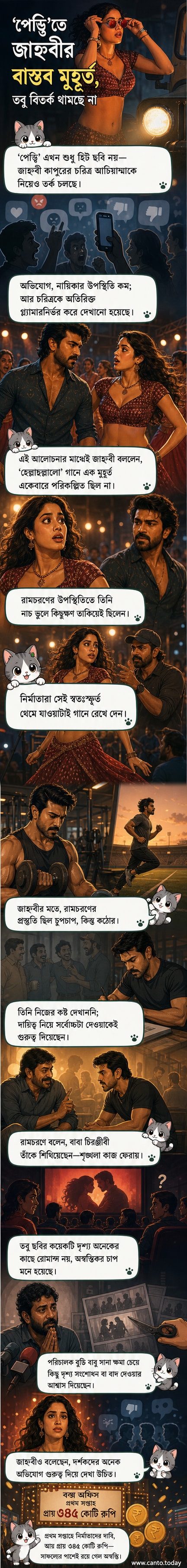 জাহ্নবী কাপুর ও রামচরণ ‘পেড্ডি’ ছবির একটি দৃশ্যে, পটভূমিতে নাচের সজ্জা।