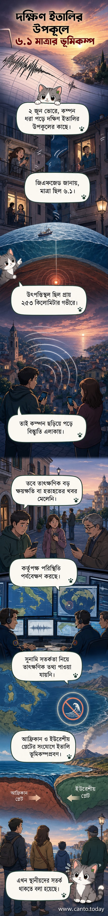 ইতালির মানচিত্রে ভূমিকম্পের কেন্দ্র চিহ্নিত, ভূপৃষ্ঠের গভীরে উৎপত্তিস্থল দেখানো হচ্ছে।
