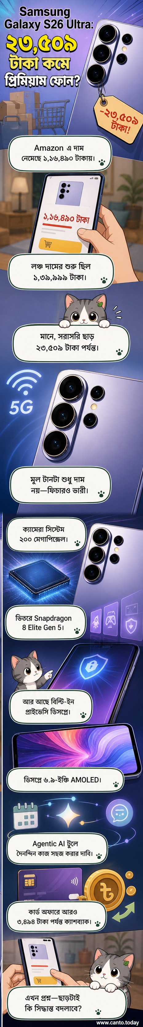 স্যামসাং গ্যালাক্সি S26 আল্ট্রা 5G স্মার্টফোনের ছবি, পেছনে বড় ক্যামেরা মডিউল এবং সামনে AMOLED ডিসপ্লে।