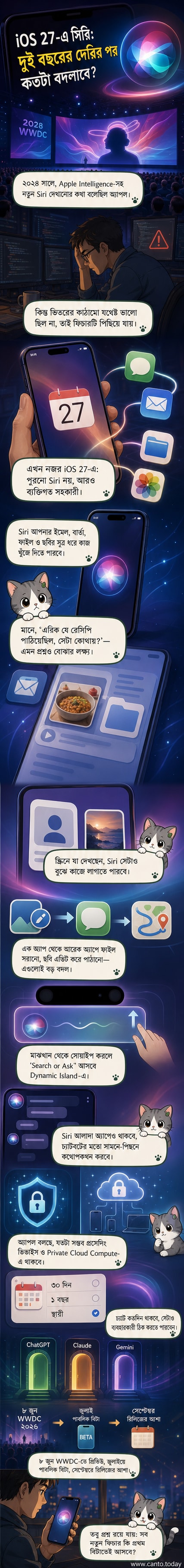 iOS 27-এ সিরির নতুন ইন্টারফেস, ডাইনামিক আইল্যান্ডে গ্লোয়িং পিল এবং স্ক্রিনে প্রদর্শিত চ্যাটবট কার্ড নিয়ে একটি কল্পনামূলক চিত্র।