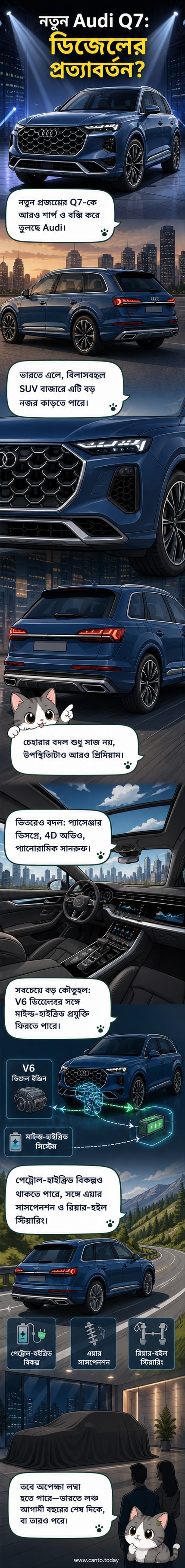 নতুন অডি Q7 SUV-এর রেন্ডার দেখাচ্ছে বড় গ্রিল, তীক্ষ্ণ LED হেডলাইট এবং প্রশস্ত বক্সি ডিজাইন।