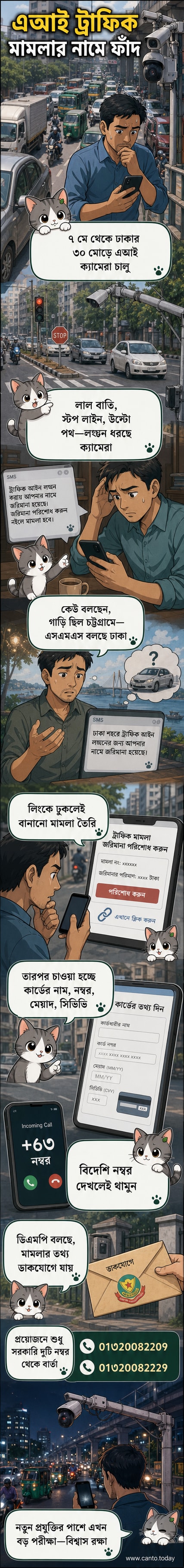 একটি এআই ট্রাফিক ক্যামেরা ও মোবাইল ফোনে ভুয়া এসএমএসের ছবি, যেখানে ব্যাংক কার্ডের তথ্য চুরির চেষ্টা করা হচ্ছে।