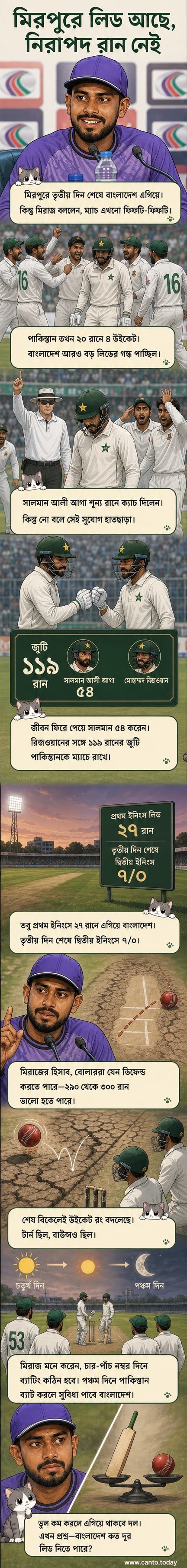 বাংলাদেশের ক্রিকেটার মেহেদী হাসান মিরাজ মিরপুর স্টেডিয়ামে সংবাদ সম্মেলনে কথা বলছেন, পেছনে মাঠ ও দর্শক।