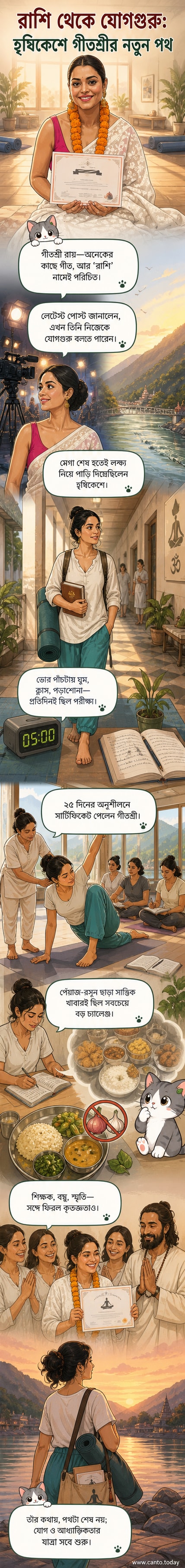 সাদা জামদানি শাড়ি পরা গীতশ্রী রায় হাতে যোগ শিক্ষক সার্টিফিকেট নিয়ে হাসিমুখে দাঁড়িয়ে আছেন, গলায় গাঁদার মালা, পেছনে হৃষিকেশের প্রাকৃতিক পরিবেশ।