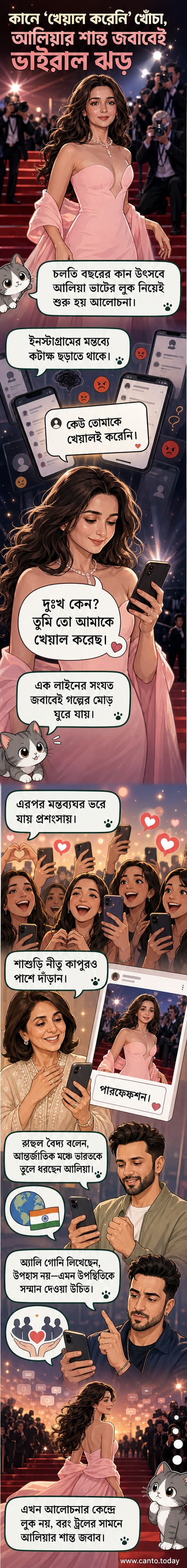 আলিয়া ভাট কান উৎসবে সাদা রঙের শাড়ি-গাউন পরিহিত অবস্থায় লাল গালিচায় হাঁটছেন, পেছনে ক্যামেরা ও ভিড়।
