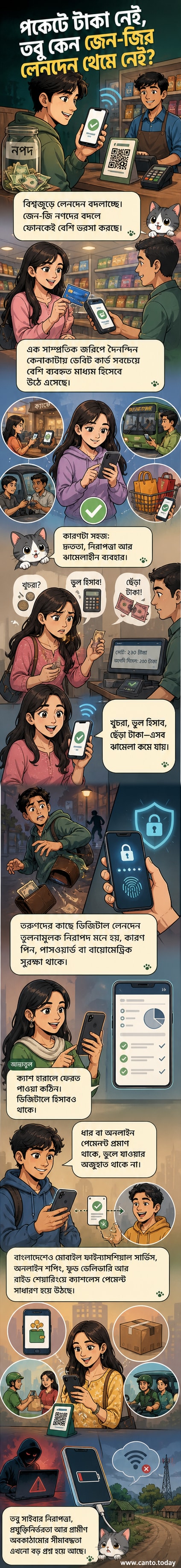 একজন তরুণ মোবাইল ফোনে ডিজিটাল পেমেন্ট করছে, পেমেন্ট সফল হওয়ার বার্তা দেখা যাচ্ছে। পেছনে নগদ টাকা ব্যবহার করছে না বোঝাতে একটি খালি ওয়ালেট।