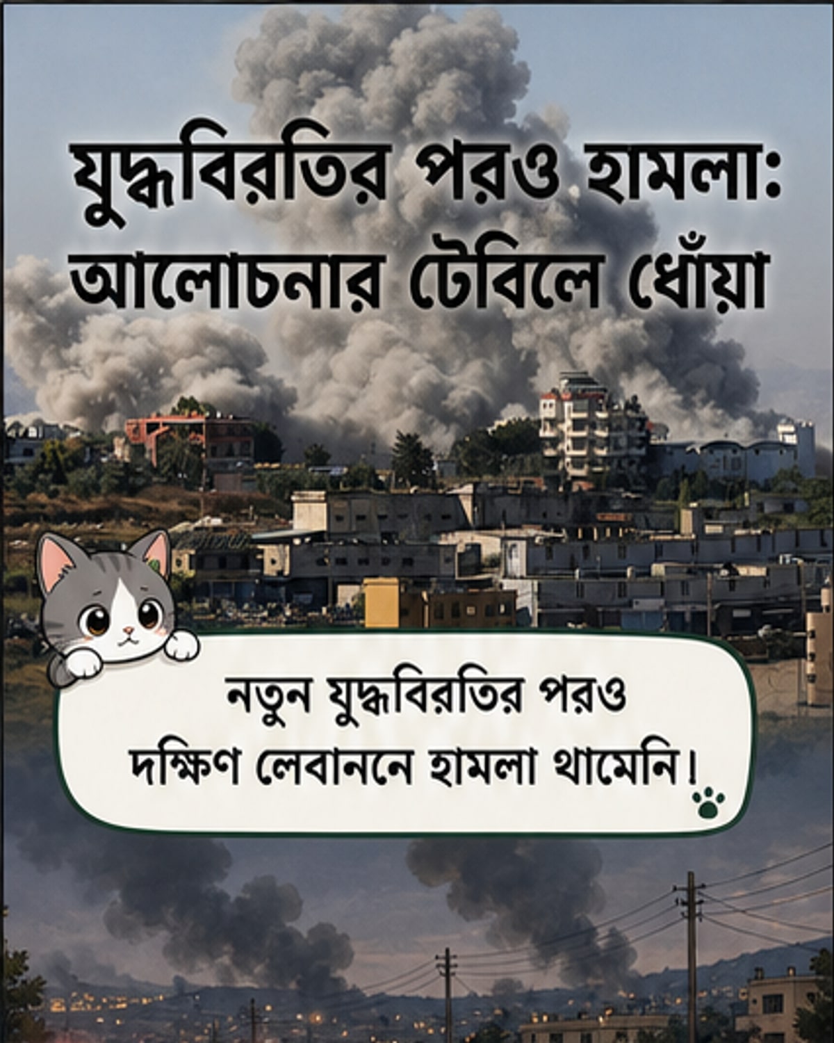 লেবাননের দক্ষিণাঞ্চলে ইসরায়েলি বিমান হামলার পর ধোঁয়া উঠছে, ভূপৃষ্ঠে ধ্বংসপ্রাপ্ত ভবন ও উদ্ধারকাজ চলছে।