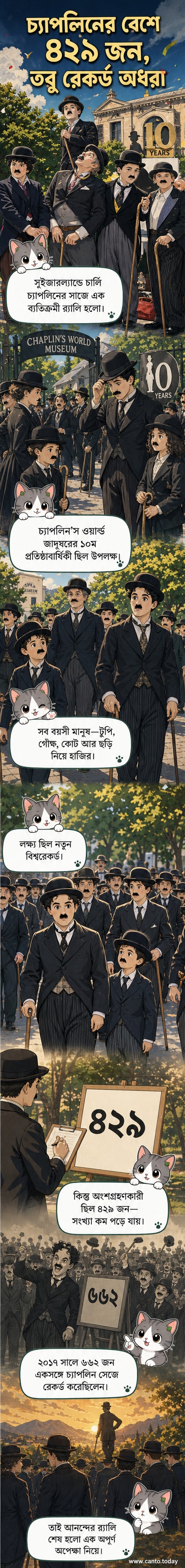 সুইজারল্যান্ডে চার্লি চ্যাপলিনের মতো পোশাক পরা শতাধিক মানুষ র্যালিতে অংশ নিচ্ছে।