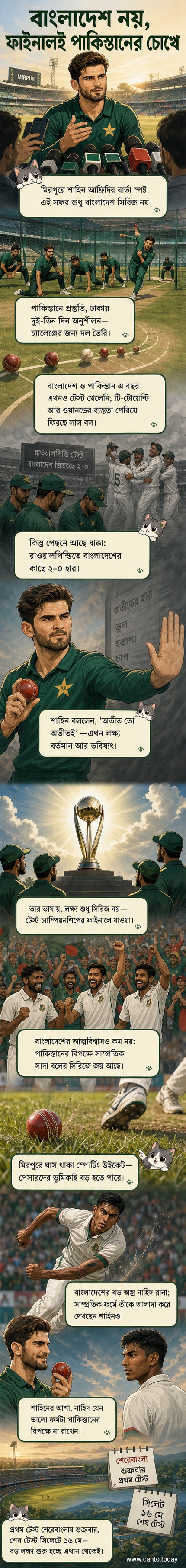 ক্রিকেট ম্যাচের প্রস্তুতিতে পাকিস্তান ও বাংলাদেশের খেলোয়াড়দের ছবি, পেস বোলার শাহিন আফ্রিদি ও নাহিদ রানার মুখোমুখি হওয়ার ইঙ্গিত।
