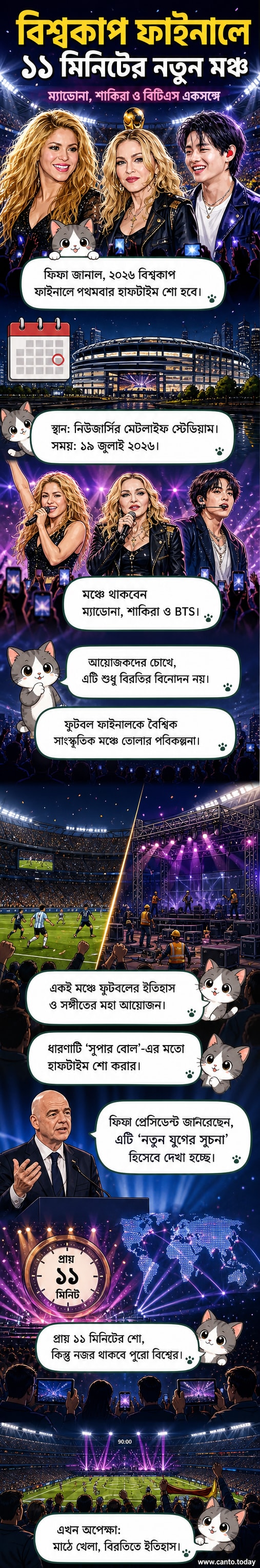 ম্যাডোনা, শাকিরা এবং বিটিএস-এর কলাজ করা ছবি, পেছনে ফিফা বিশ্বকাপ ট্রফি ও মেটলাইফ স্টেডিয়ামের আলোকিত দৃশ্য।