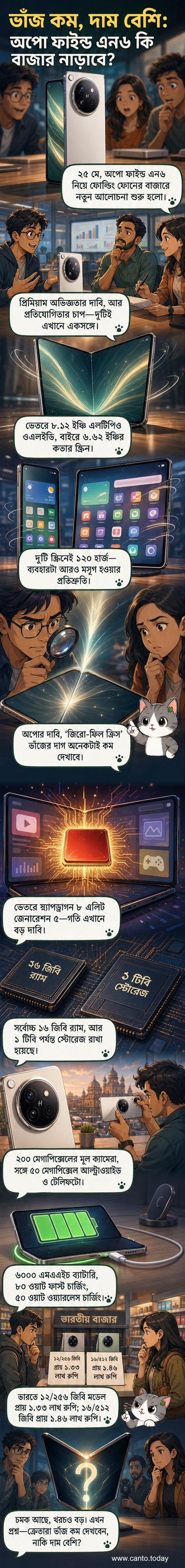 অপো ফাইন্ড এন৬ ফোল্ডেবল স্মার্টফোনের খোলা এবং ভাঁজ করা অবস্থার ছবি, যেখানে মসৃণ ডিসপ্লে এবং প্রিমিয়াম ডিজাইন দেখানো হয়েছে।