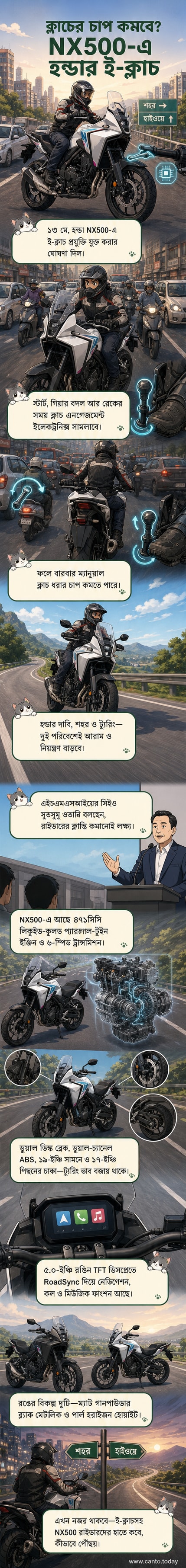 হন্ডা এনএক্স৫০০ মোটরসাইকেলটি পার্ল হরাইজন হোয়াইট রঙে দেখা যাচ্ছে, সামনে উন্মুক্ত প্রান্ত এবং পিছনে উঁচু সিট সহ, একটি আধুনিক ডিজিটাল ড্যাশবোর্ড সহ প্রদর্শিত হচ্ছে।