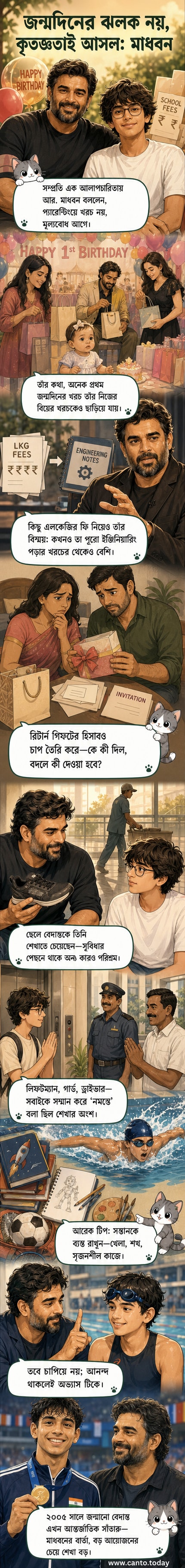 আর. মাধবন তাঁর ছেলে বেদান্তের সঙ্গে হাসিমুখে দাঁড়িয়ে আছেন, পেছনে সাঁতারের পুল। প্যারেন্টিং ও মূল্যবোধ নিয়ে তাঁর বার্তা উজ্জ্বল আলোয় আলোকিত।