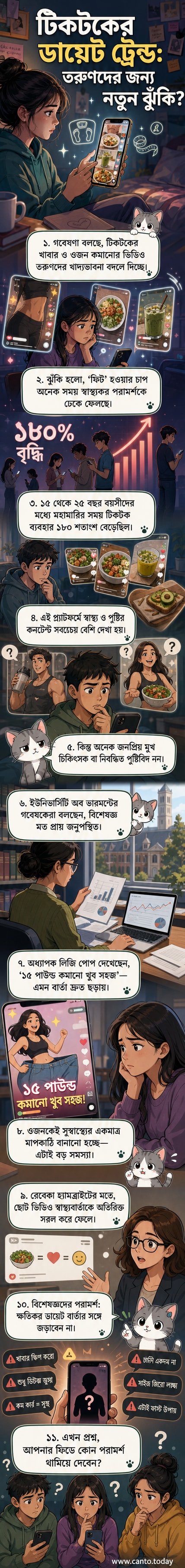 টিকটকে ডায়েট সংক্রান্ত ভিডিও দেখছে এমন একটি তরুণীর ছবি, পটভূমিতে স্বাস্থ্য ও পুষ্টি সংক্রান্ত কনটেন্টের আইকন।