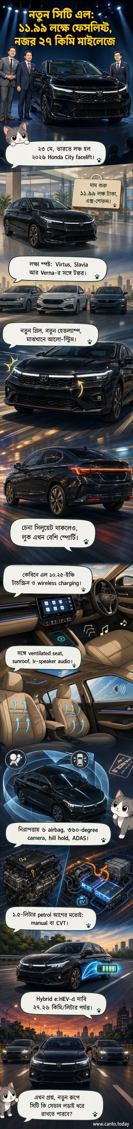 নতুন ২০২৬ হোন্ডা সিটি ফেসলিফট গাড়িটি সামনে থেকে দেখা, নতুন গ্রিল এবং হেডল্যাম্প ডিজাইন সহ, পটভূমিতে শহরের রাস্তা।