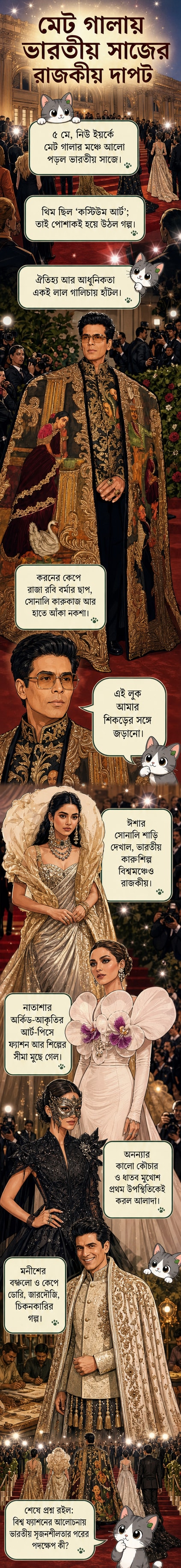 মেট গালা ২০২৬-এ ভারতীয় তারকারা রাজকীয় পোশাকে লাল গালিচায় হাঁটছেন, পটভূমিতে মেট্রোপলিটন মিউজিয়াম অফ আর্ট।