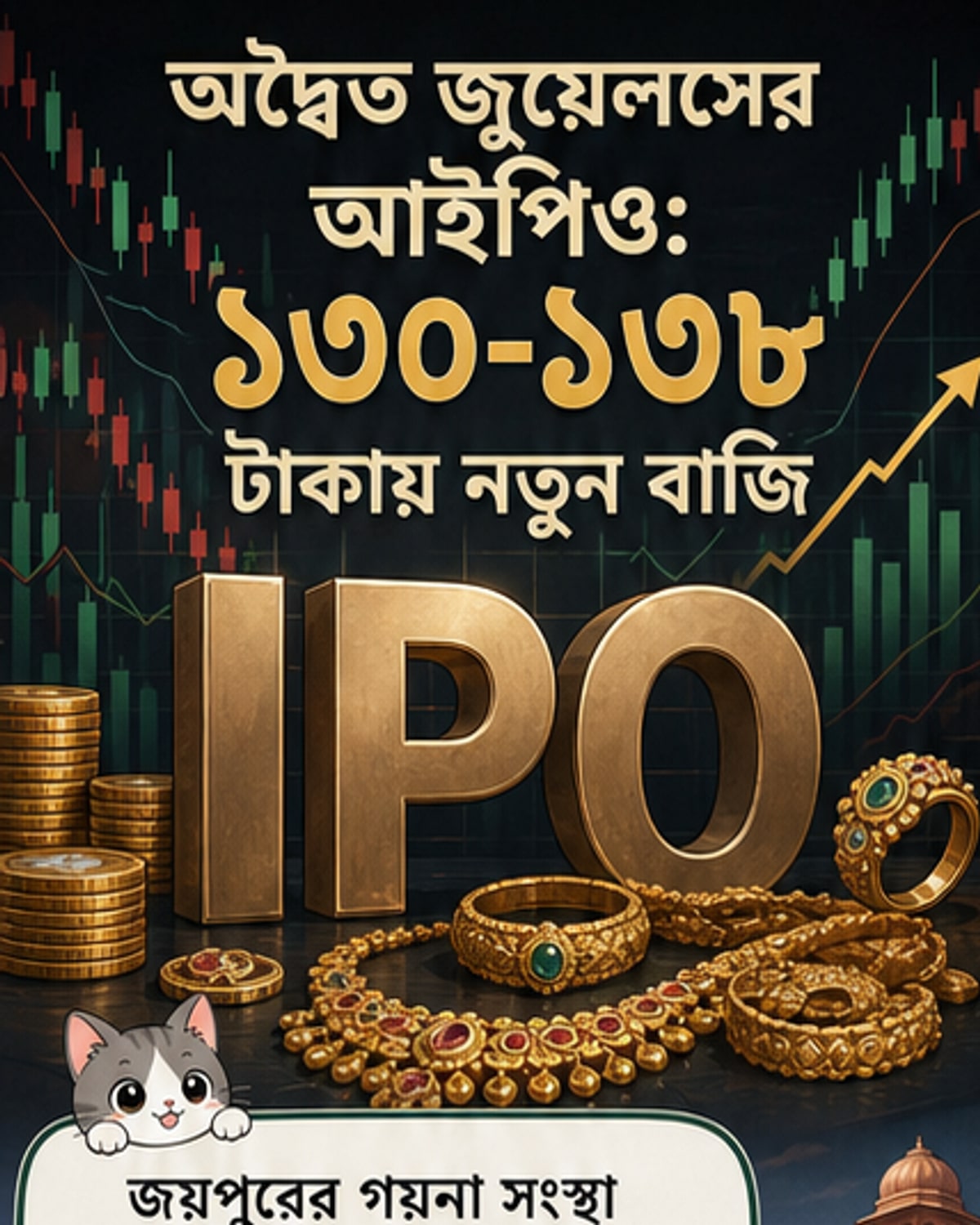অদ্বৈত জুয়েলসের আইপিও ঘোষণার প্রেক্ষাপটে সোনার গহনা ও শেয়ার মার্কেটের চিত্র একত্রিত করা একটি কাল্পনিক কভার ইমেজ।