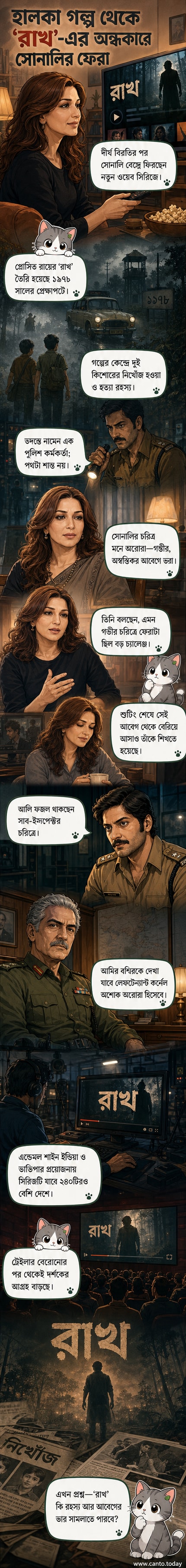 ওয়েব সিরিজ 'রাখ'-এর পোস্টারে সোনালি বেন্দ্রে পুলিশ ইউনিফর্মে দাঁড়িয়ে আছেন, পটভূমিতে ধূসর আবহ ও রহস্যময় আবছা আলো।