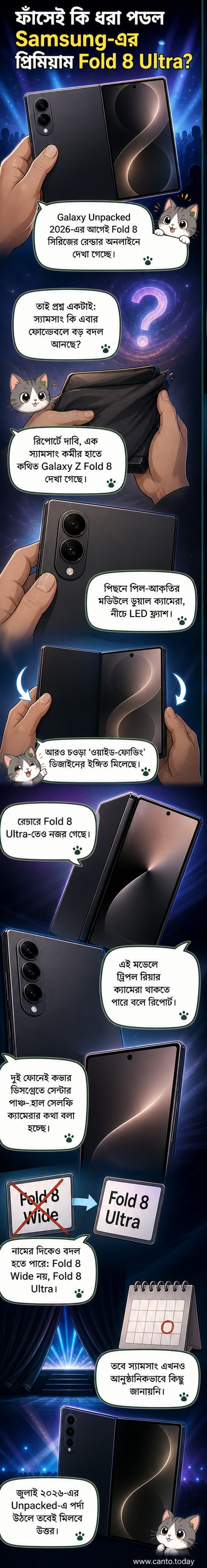 Galaxy Z Fold 8 এবং Z Fold 8 Ultra-এর ফাঁস হওয়া রেন্ডার, যেখানে ওয়াইড-ফোল্ডিং ডিজাইন, পিল-আকৃতির ক্যামেরা মডিউল এবং কভার ডিসপ্লেতে সেন্টার পাঞ্চ-হোল ক্যামেরা দেখা যাচ্ছে।