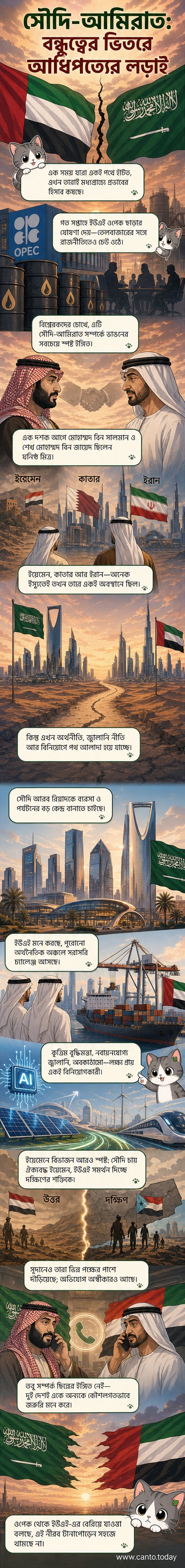 দুই আরব নেতা মুখোমুখি দাঁড়িয়ে আছেন, পেছনে মরুভূমি ও তেল ক্ষেত্র, তাদের মধ্যে ফাটল দেখা যাচ্ছে