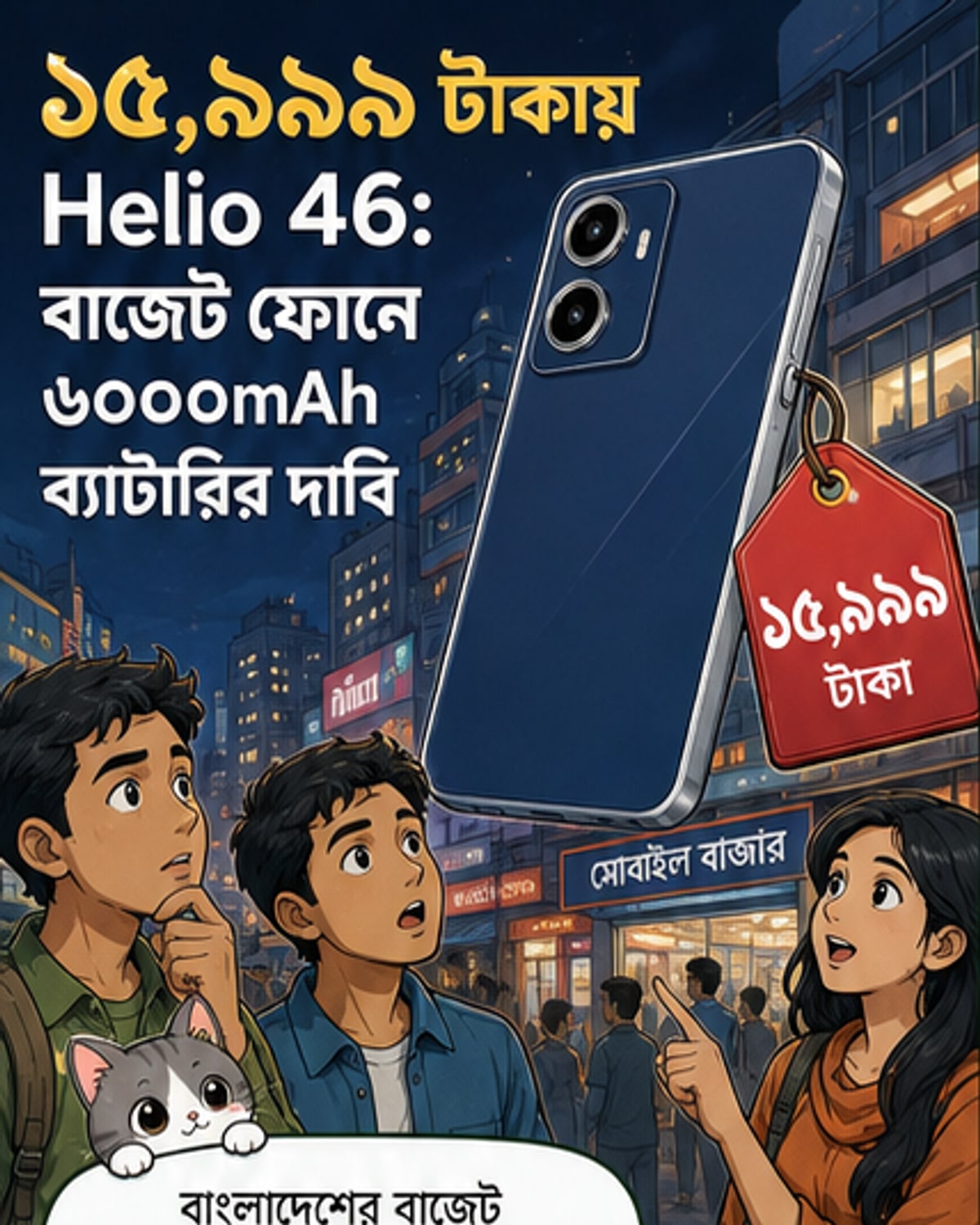 হেলিও ৪৬ স্মার্টফোনটির সামনে এবং পেছনের দৃশ্য, যাতে ১২০হার্টজ ডিসপ্লে এবং ডুয়াল ক্যামেরা সেটআপ দেখা যাচ্ছে।