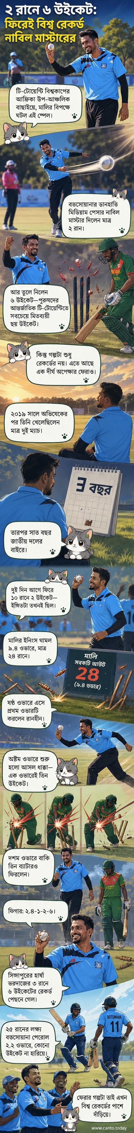 ক্রিকেট ম্যাচে বল হাতে বতসোয়ানার পেসার নাবিল মাস্টার, পটভূমিতে মালির ব্যাটসম্যানদের পতন দেখানো হচ্ছে।
