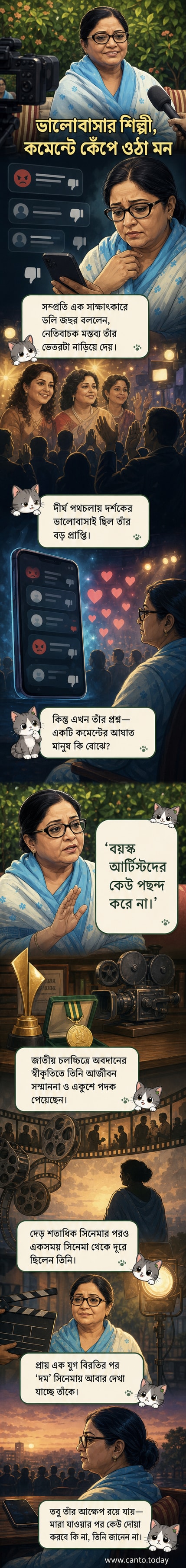 বয়স্ক অভিনেত্রী ডলি জহুর একা বসে আছেন, তার চোখে আবেগ, পেছনে তার ক্যারিয়ারের ছবি ও পুরস্কারের সাজ।
