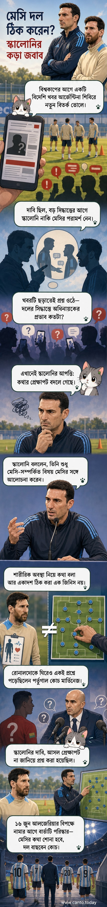 আর্জেন্টিনার কোচ লিওনেল স্কালোনি মাইক্রোফোন ধরে সংবাদ সম্মেলনে কথা বলছেন, পেছনে ফুটবল মাঠ ও মিডিয়া ক্রেডেনশিয়াল।