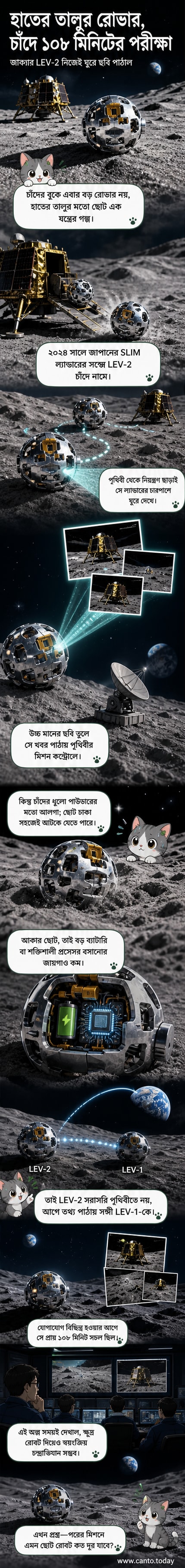 চাঁদের মাটিতে হাতের তালুর আকারের একটি খুদে রোভার ঘুরছে, পেছনে কালো মহাকাশ ও পৃথিবী।