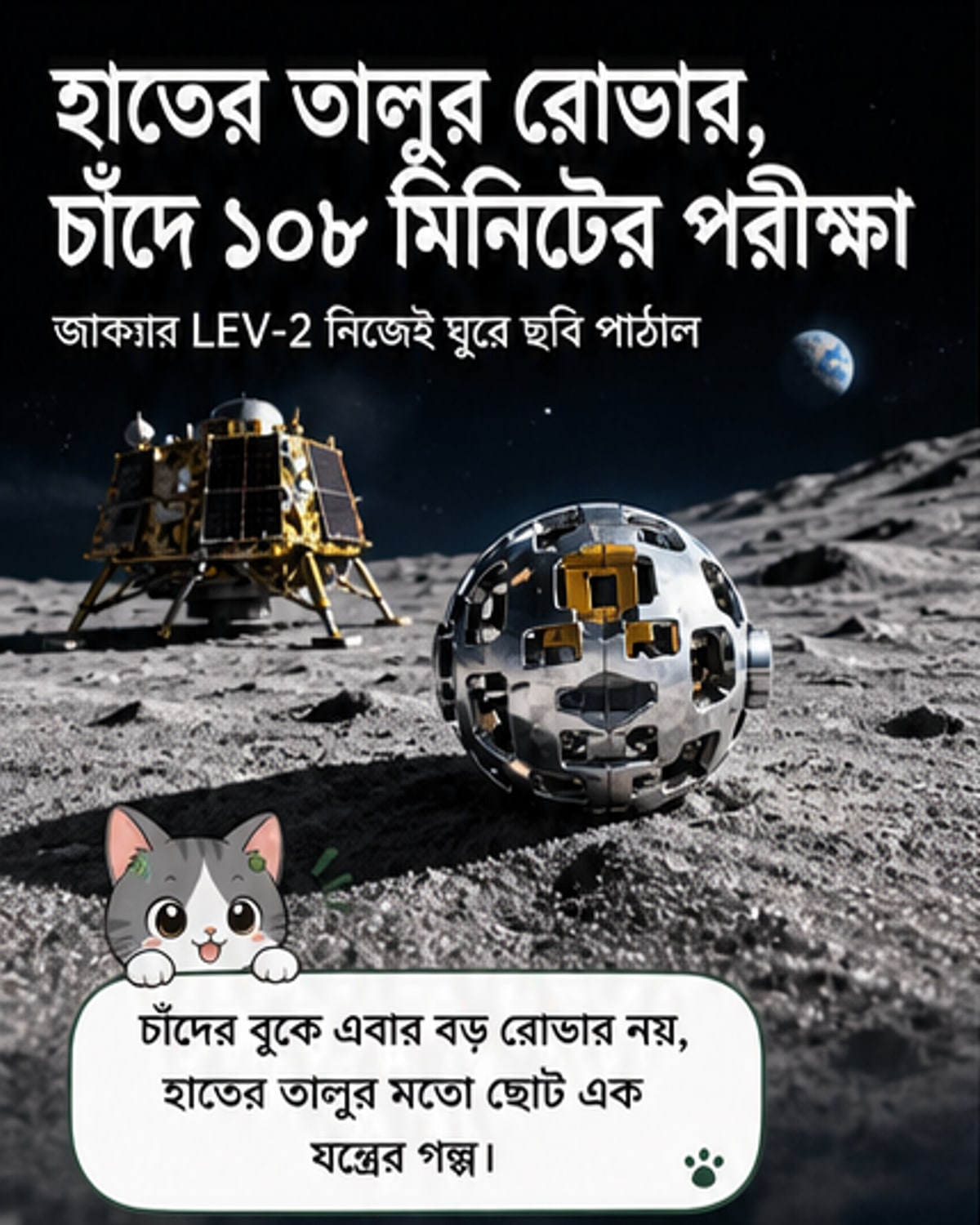 চাঁদের মাটিতে হাতের তালুর আকারের একটি খুদে রোভার ঘুরছে, পেছনে কালো মহাকাশ ও পৃথিবী।