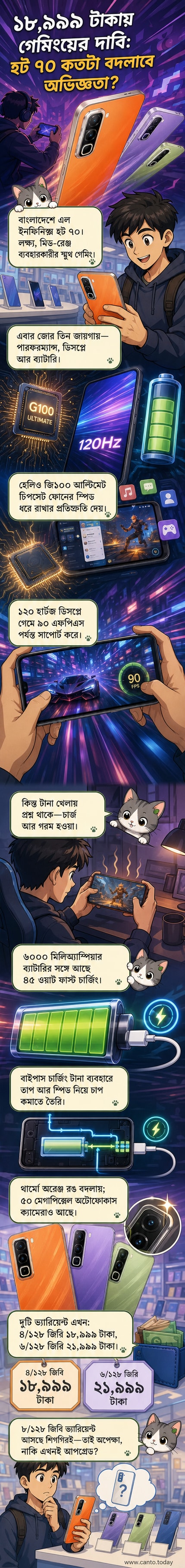 ইনফিনিক্স হট ৭০ স্মার্টফোনের থার্মো অরেঞ্জ ভ্যারিয়েন্ট হাতে ধরে থাকা একজন তরুণ, পেছনে গেমিং থিমের ব্যাকড্রপ।