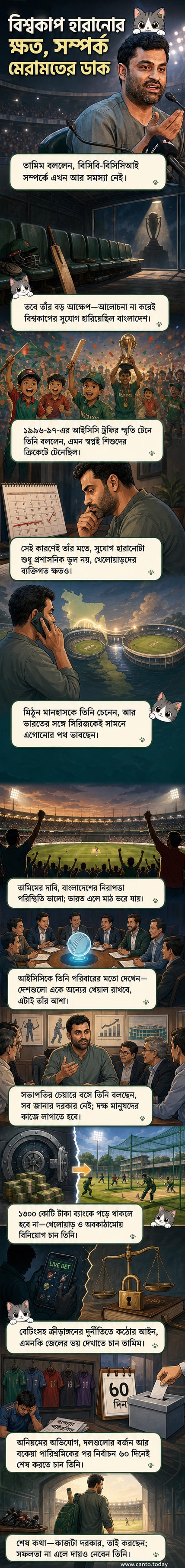 বাংলাদেশ ক্রিকেট দলের প্রাক্তন অধিনায়ক তামিম ইকবাল ক্রিকেট মাঠে মাইক হাতে সাক্ষাৎকার দিচ্ছেন, পেছনে ক্রাউড ও স্টেডিয়ামের দৃশ্য।