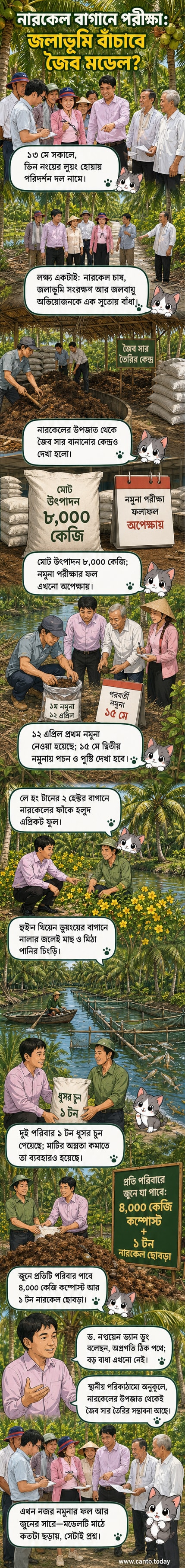 ভিয়েতনামের মেকং ডেল্টায় একটি জৈব নারকেল বাগান, যেখানে নারকেলের পাশাপাশি হলুদ ফুল ও মাছ চাষ করা হচ্ছে, এবং পটভূমিতে কৃষক ও গবেষকদের দল পরিদর্শন করছেন।