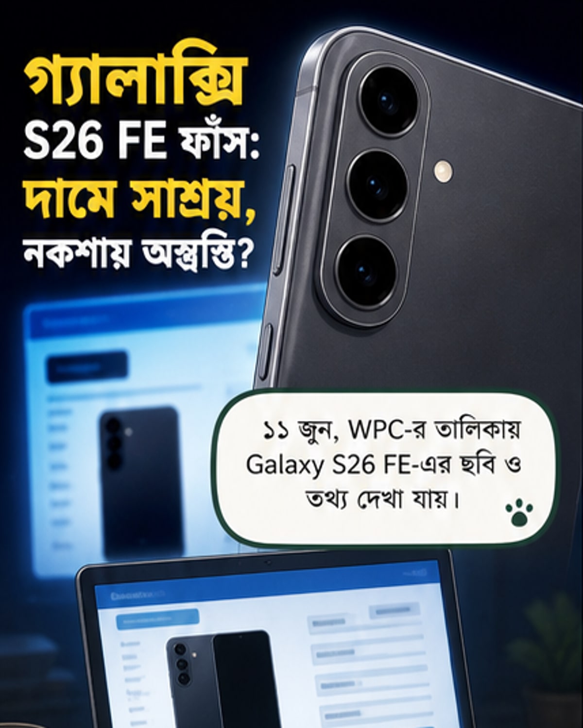গ্যালাক্সি এস২৬ এফই স্মার্টফোনের ফাঁস হওয়া ছবি, উল্লম্ব ক্যামেরা মডিউল এবং স্লিম বেজেল সহ পিছনের দিক দেখাচ্ছে