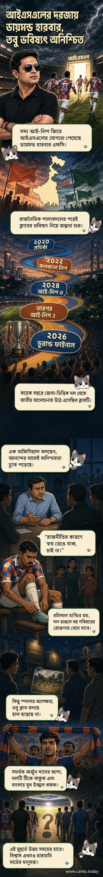 ডায়মন্ড হারবার এফসি-এর জার্সি পরা ফুটবলাররা মাঠে উদযাপন করছে, পেছনে সমর্থকদের ভিড়, কিন্তু আকাশে রাজনৈতিক মেঘ ঘনিয়ে আসছে