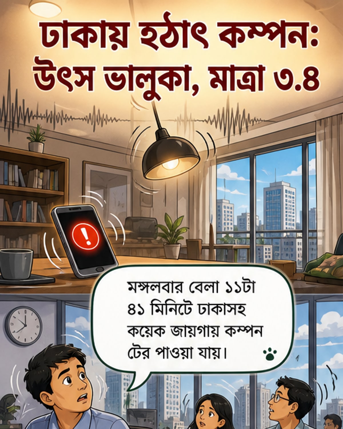 ঢাকা ও ভালুকার মানচিত্রে ভূমিকম্পের কেন্দ্রের দিকে তীর চিহ্নিত, রিখটার স্কেলে ৩.৪ মাত্রার ভূমিকম্পের তথ্য সহ।