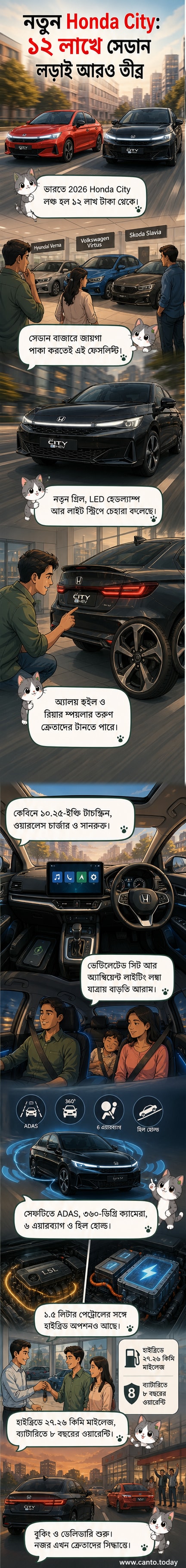 নতুন ২০২৬ হন্ডা সিটি সেডান গাড়িটি পাশ থেকে দেখা, আধুনিক ডিজাইন, LED হেডল্যাম্প এবং ফুল-ওয়াইড লাইট স্ট্রিপ সহ।