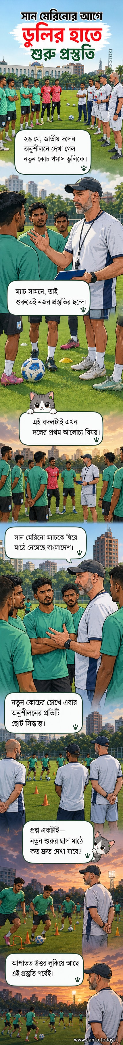 থমাস ডুলি ফুটবল মাঠে দাঁড়িয়ে আছেন, পেছনে বাংলাদেশ জাতীয় দলের খেলোয়াড়রা অনুশীলন করছে।