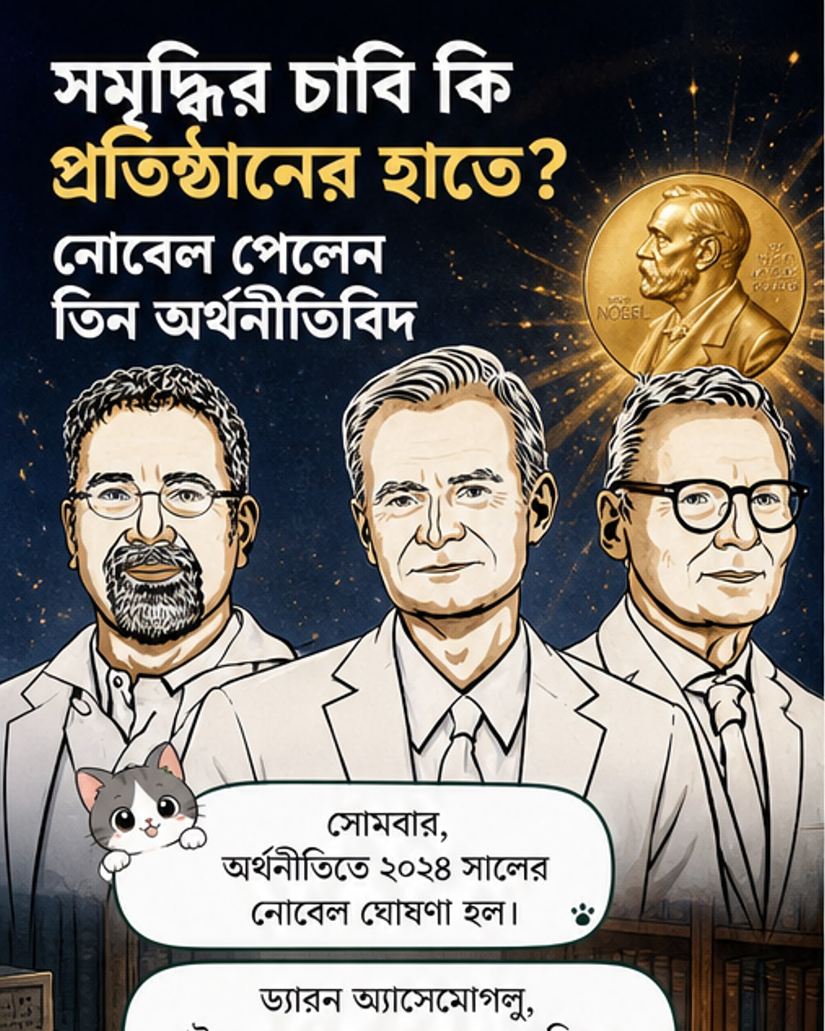 তিন অর্থশাস্ত্রী ড্যারন অ্যাসেমোগলু, সাইমন জনসন ও জেমস এ রবিনসনের ছবি, পেছনে নোবেল পদক ও প্রতিষ্ঠানের চিহ্ন সহ একটি বইয়ের পাতা উন্মুক্ত
