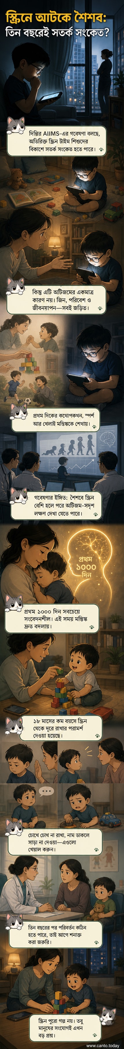 একটি ছোট শিশু মোবাইল ফোনে মনোনিবেশ করছে, পটভূমিতে মস্তিষ্কের বিকাশের স্কিমাটিক চিত্র সহ, একটি সতর্কতামূলক বার্তা নির্দেশ করছে
