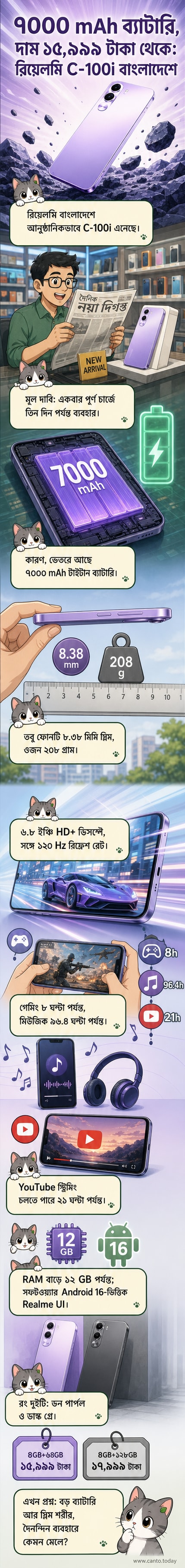 রিয়েলমি সি-১০০ আই স্মার্টফোনটি ডন পার্পল ও ডাস্ক গ্রে রঙে দেখানো হয়েছে, সাথে ব্যাটারি ও ডিসপ্লে বৈশিষ্ট্যের হাইলাইট।